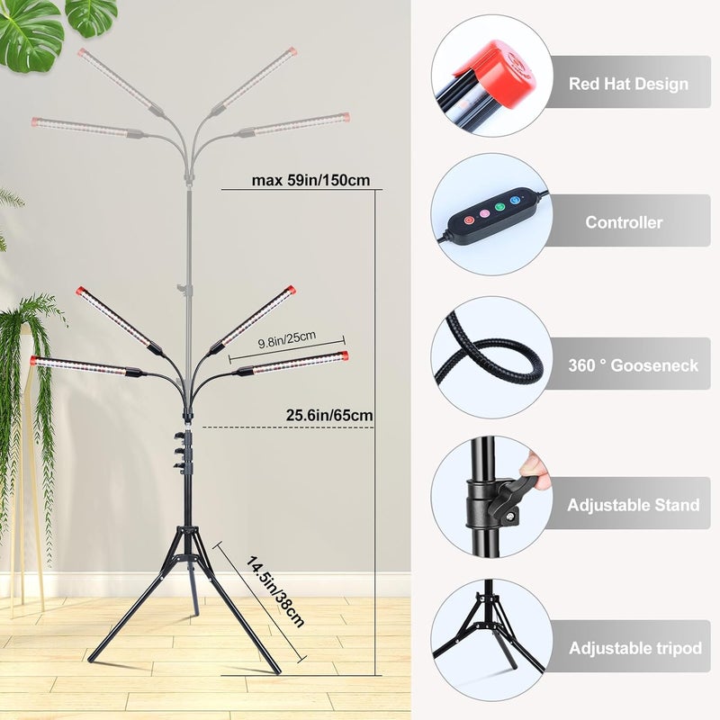 FECiDA Gamechanger! 36W 4Head Grow Light with Tripod Stand, 2025 Big Coverage LED Grow Lights for Indoor Plants, Bonsai Tree, Full Spectrum Tall Plant Growing Lamp 4,8,12,16 Hr Timer - Image 5
